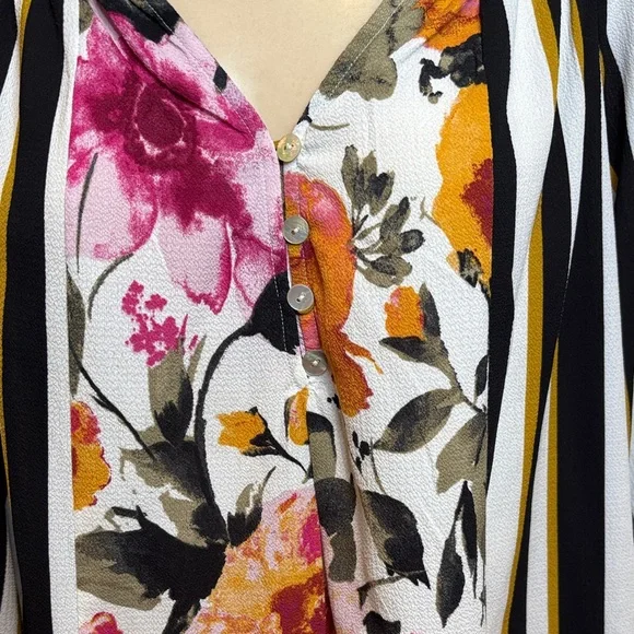 Fig and Flower Anthropologie Boho Mix Print Floral Striped Peasant Blouse Size L - Picture 4 of 10